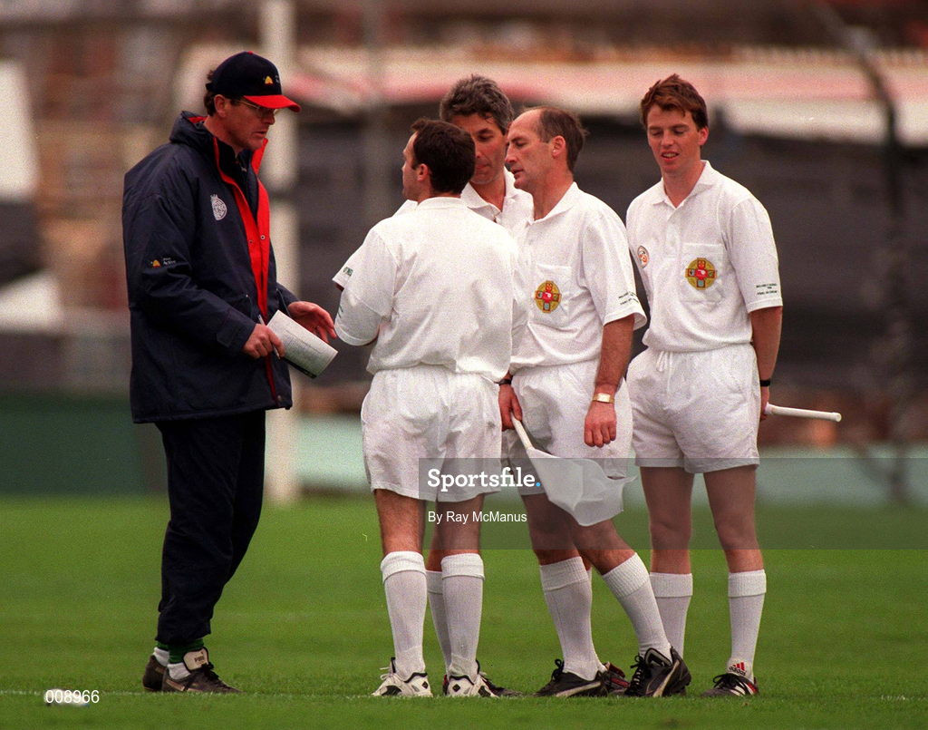11 October 1998; Ireland manager Colm O'Rourke remonstrates with referees Michael Curley and Andrew Coates during the International Rules Series First Test match between Ireland and Australia at Croke Park in Dublin. Photo by Ray McManus/Sportsfile