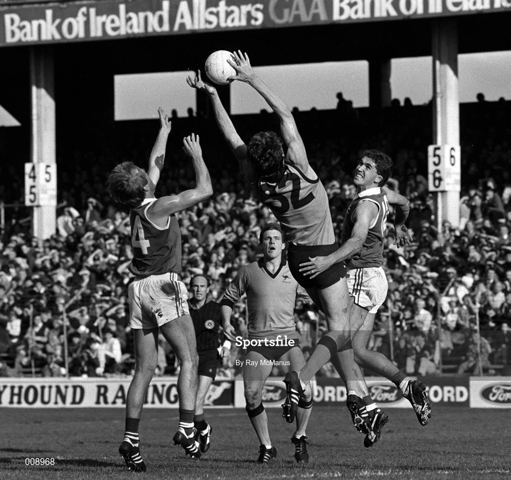 18 October 1987; Jim Stynes, 32, Australia, contests possession with Ger Lynch, left, and Liam Hayes of Ireland during the International Rules Series First Test match between Ireland and Australia at Croke Park in Dublin. Photo by Ray McManus/Sportsfile