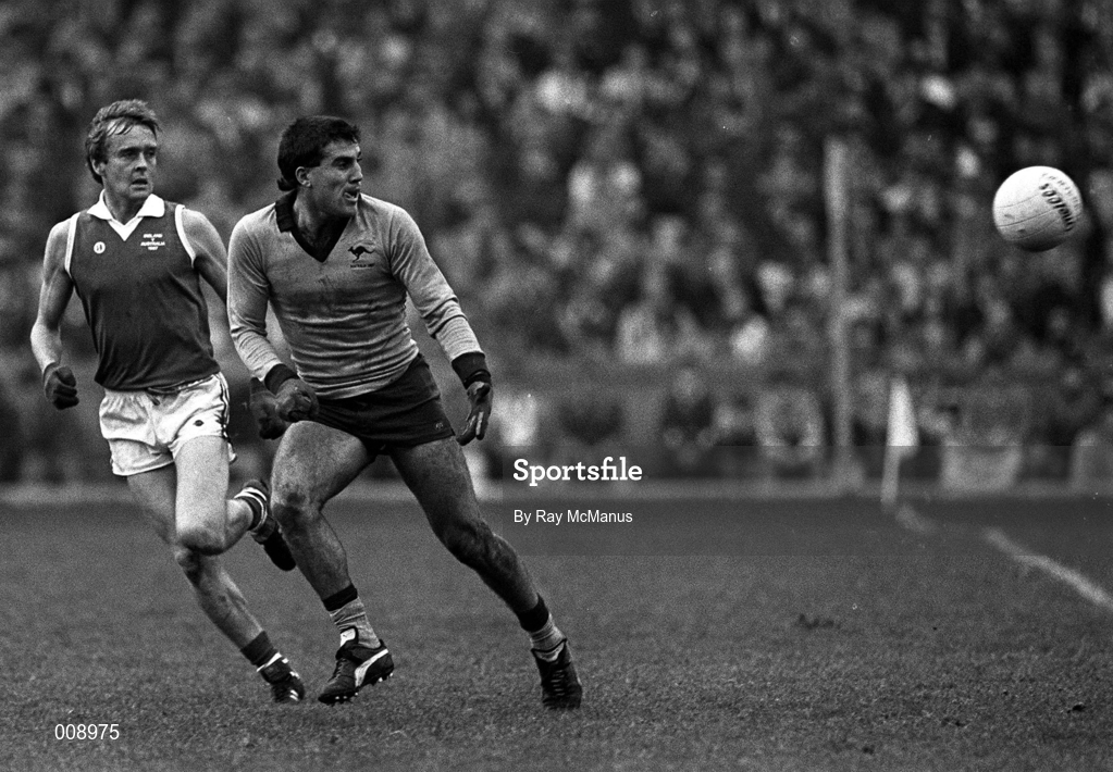 1 November 1987; Steve Malaxos of Australia in action against Ger Lynch of Ireland during the International Rules Series Third Test match between Ireland and Australia at Croke Park in Dublin. Photo by Ray McManus/Sportsfile
