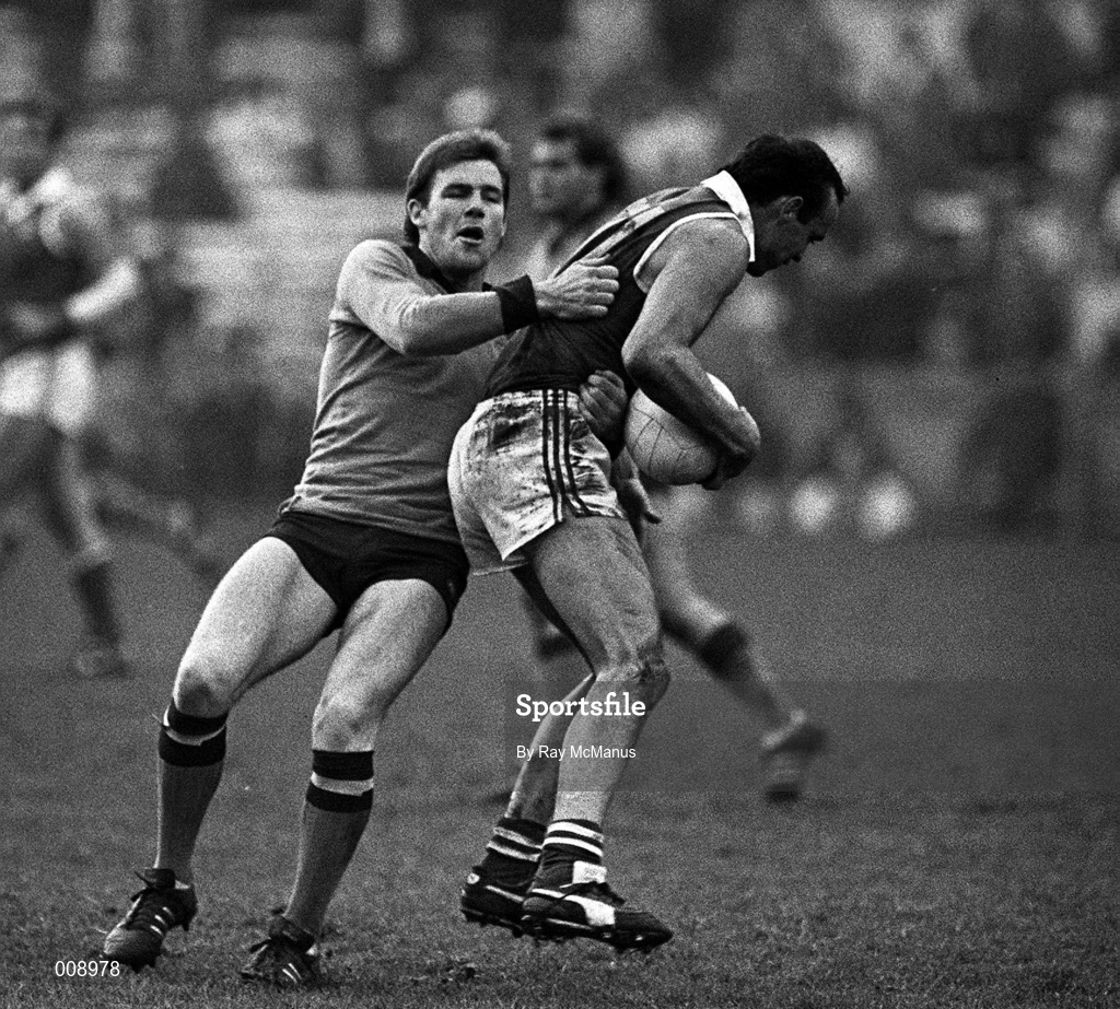 1 November 1987; Scott Salisbury of Australia tackles Mick Lyons of Ireland during the International Rules Series Third Test match between Ireland and Australia at Croke Park in Dublin. Photo by Ray McManus/Sportsfile