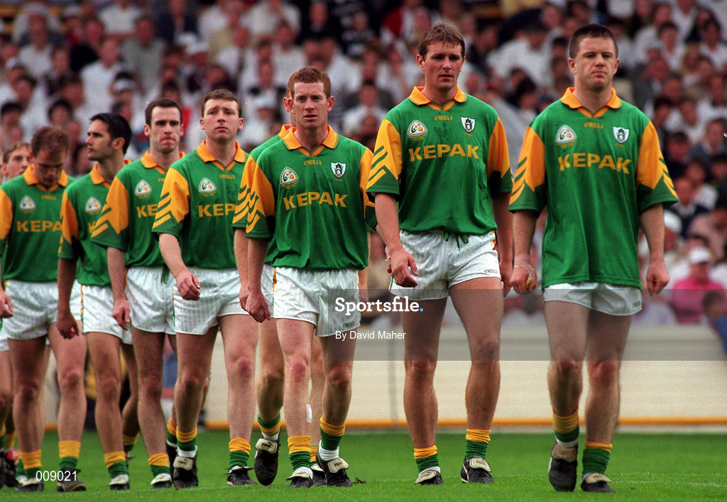 2 August 1998; Meath players, from right, Mark O'Reilly, Darren Fay and Enda McManus march in the pre-match parade with team-mates before the Bank of Ireland Leinster Senior Football Championship Final match between Kildare and Meath at Croke Park in Dublin. Photo by David Maher/Sportsfile