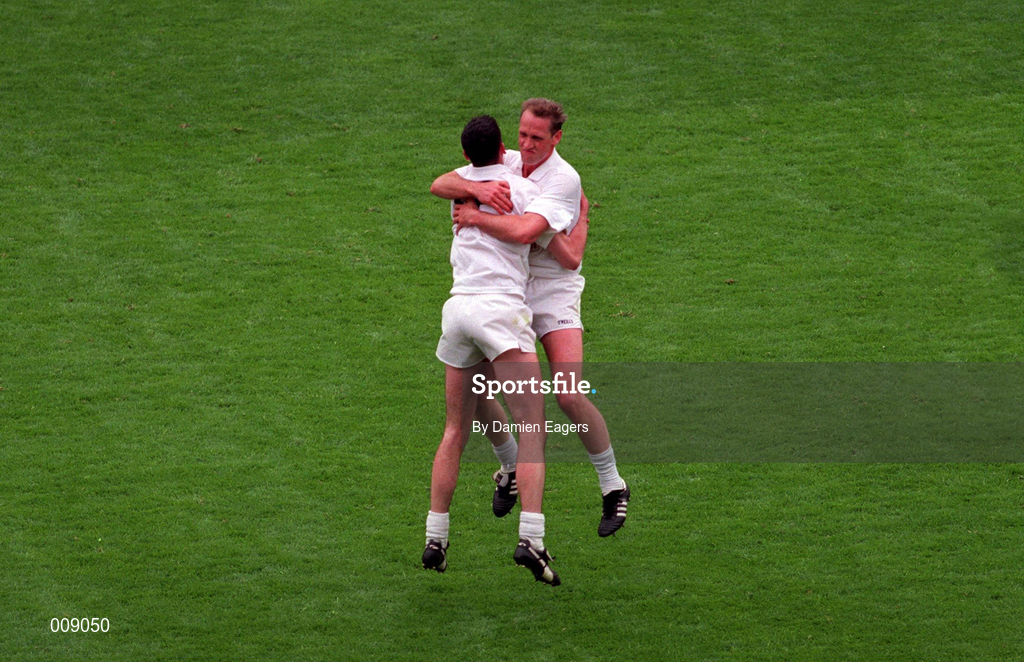 2 August 1998; Kildare's Willie McCreery, right, and Dermot Earley celebrate after the Bank of Ireland Leinster Senior Football Championship Final match between Kildare and Meath at Croke Park in Dublin. Photo by Damien Eagers/Sportsfile