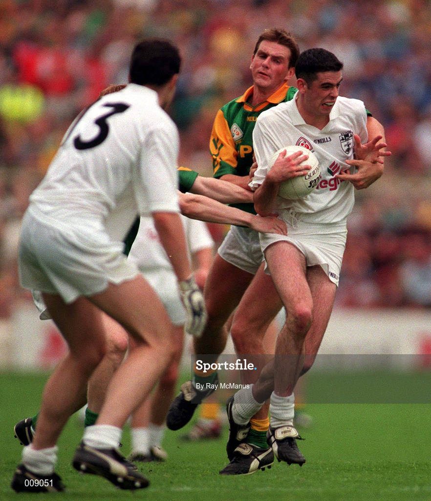 2 August 1998; Dermot Earley of Kildare, supported by team-mate Martin Lynch, 13, in action against Darren Fay of Meath during the Bank of Ireland Leinster Senior Football Championship Final match between Kildare and Meath at Croke Park in Dublin. Photo by Ray McManus/Sportsfile