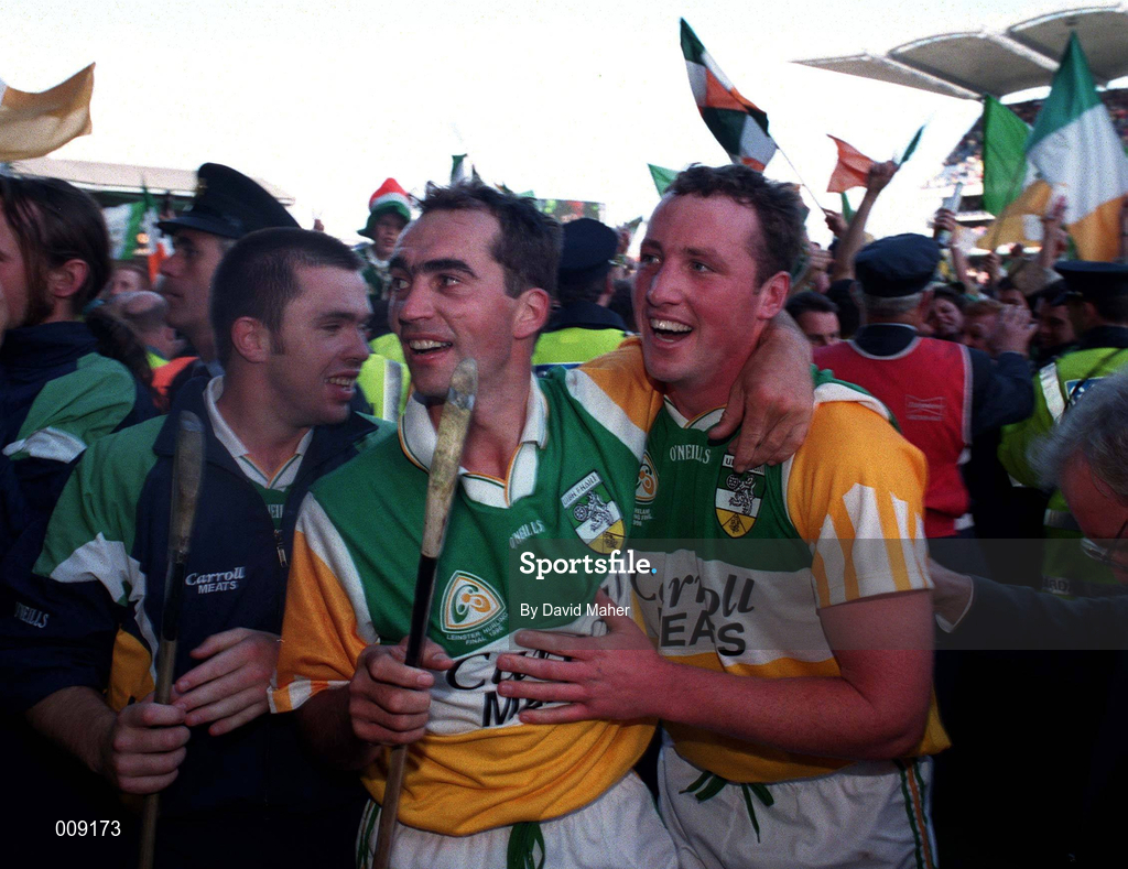 13 September 1998: Offaly players Johnny Dooley, left, and John Ryan celebrate after the Guinness All-Ireland Senior Hurling Championship Final match between Kilkenny and Offaly at Croke Park in Dublin. Photo by David Maher/Sportsfile