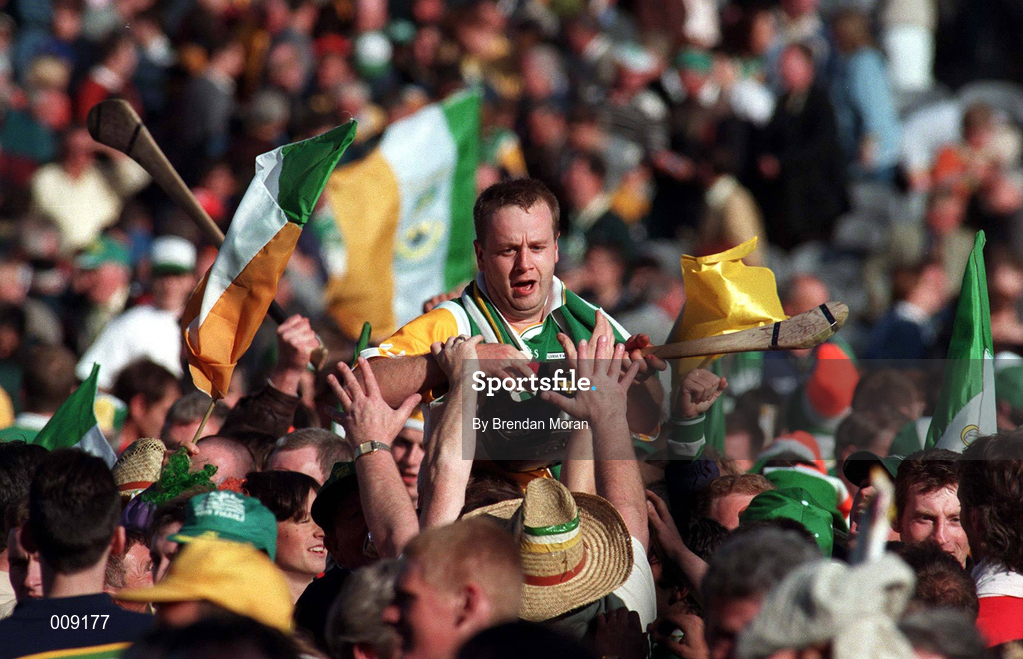 13 September 1998; Offaly hurler Joe Errity is held aloft by supporters after the Guinness All-Ireland Senior Hurling Championship Final match between Kilkenny and Offaly at Croke Park in Dublin. Photo by Brendan Moran/Sportsfile