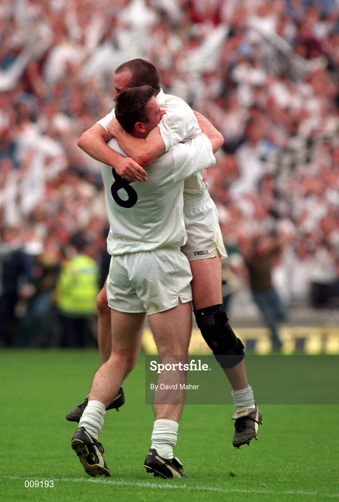 2 August 1998; Kildare's Glenn Ryan and Niall Buckley, 8, celebrate after the Bank of Ireland Leinster Senior Football Championship Final match between Kildare and Meath at Croke Park in Dublin. Photo by David Maher/Sportsfile
