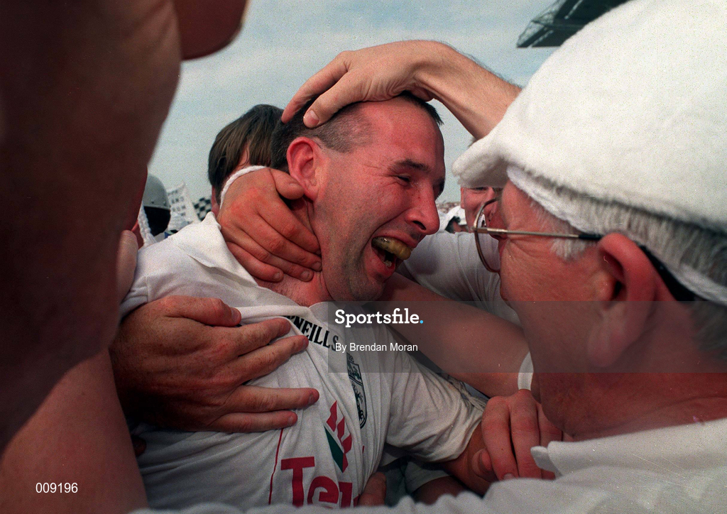 30 August 1998; Kildare captain Glenn Ryan celebrates with supporters after the Bank of Ireland All-Ireland Senior Football Championship Semi-Final match between Kerry and Kildare at Croke Park in Dublin. Photo by Brendan Moran/Sportsfile