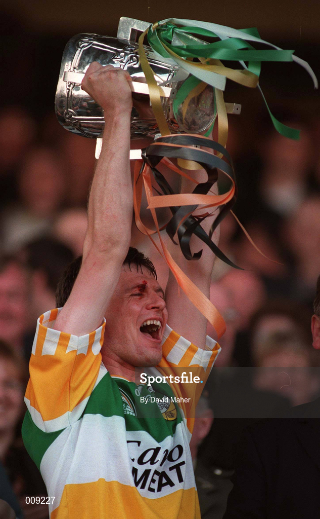 13 September 1998; Offaly captain Hubert Rigney lifts the Liam MacCarthy Cup after the Guinness All-Ireland Senior Hurling Championship Final match between Kilkenny and Offaly at Croke Park in Dublin. Photo by David Maher/Sportsfile