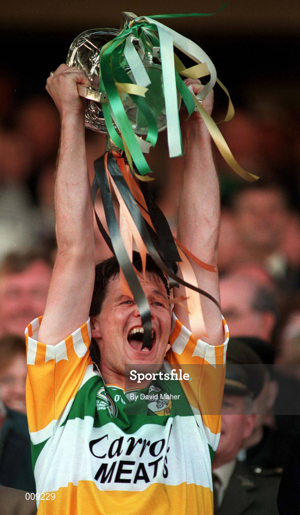 13 September 1998; Offaly captain Hubert Rigney lifts the Liam MacCarthy Cup after the Guinness All-Ireland Senior Hurling Championship Final match between Kilkenny and Offaly at Croke Park in Dublin. Photo by David Maher/Sportsfile