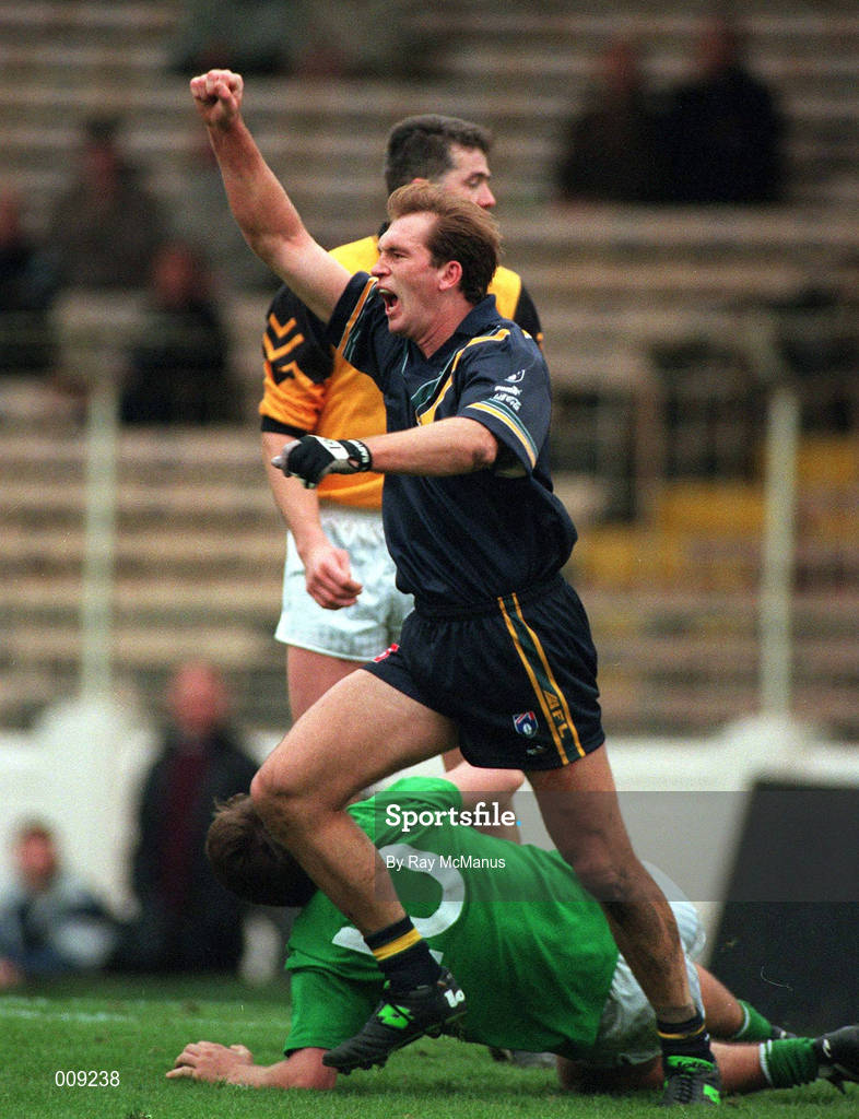 11 October 1998; David Neitz of Australia celebrates scoring a late goal during the International Rules Series First Test match between Ireland and Australia at Croke Park in Dublin. Photo by Ray McManus/Sportsfile