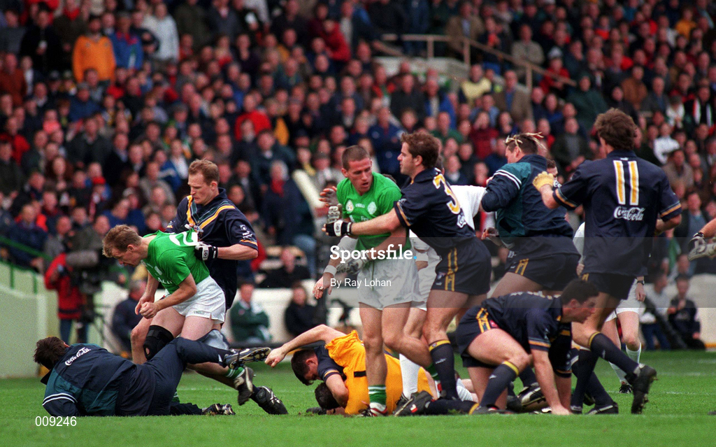 11 October 1998; Players from both sides in a tussle at the end of the third quarter during the International Rules Series First Test match between Ireland and Australia at Croke Park in Dublin. Photo by Ray Lohan/Sportsfile