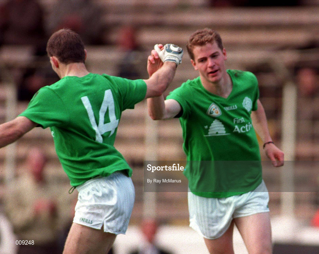 11 October 1998; Finbarr Cullen, 14, and Michael Donnellan of Ireland celebrate a goal during the International Rules Series First Test match between Ireland and Australia at Croke Park in Dublin. Photo by Ray McManus/Sportsfile
