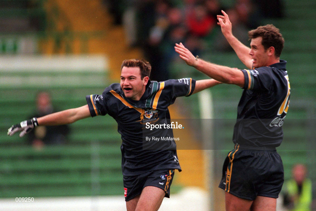 11 October 1998; Nathan Eagleton of Australia, left, celebrates scoring a goal with team-mate Wayne Carey during the International Rules Series First Test match between Ireland and Australia at Croke Park in Dublin. Photo by Ray McManus/Sportsfile