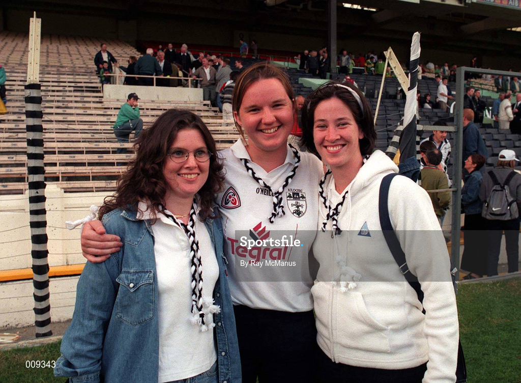 22 August 1998; Kildare supporters, from left, Clare Craughwell, Felea O'Dea and Fiona Magee before the All Ireland Under-21 'B' hurling Final match between Kerry and Kildare at Croke Park in Dublin. The game was postponed due to a protest on the pitch by Offaly supporters due to the amount of time played in their Guinness All-Ireland Senior Hurling Championship Semi-Final defeat to Clare in the previous game. Photo by Ray McManus/Sportsfile