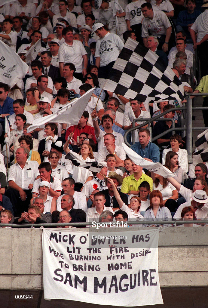 30 August 1998; Kildare supporters in the Cusack Stand at the Bank of Ireland All-Ireland Senior Football Championship Semi-Final match between Kerry and Kildare at Croke Park in Dublin. Photo by Brendan Moran/Sportsfile