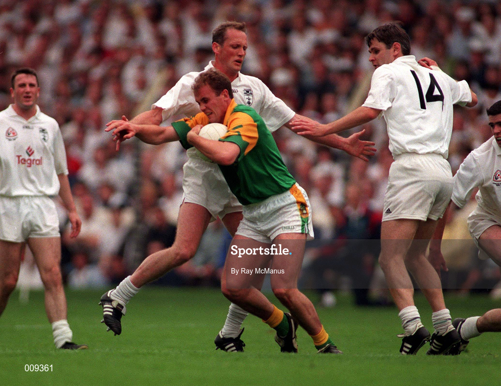 2 August 1998; John McDermott of Meath in action against Willie McCreery and Karl Dwyer,14, as Niall Buckley, left, looks on during the Bank of Ireland Leinster Senior Football Championship Final match between Kildare and Meath at Croke Park in Dublin. Photo by Ray McManus/Sportsfile
