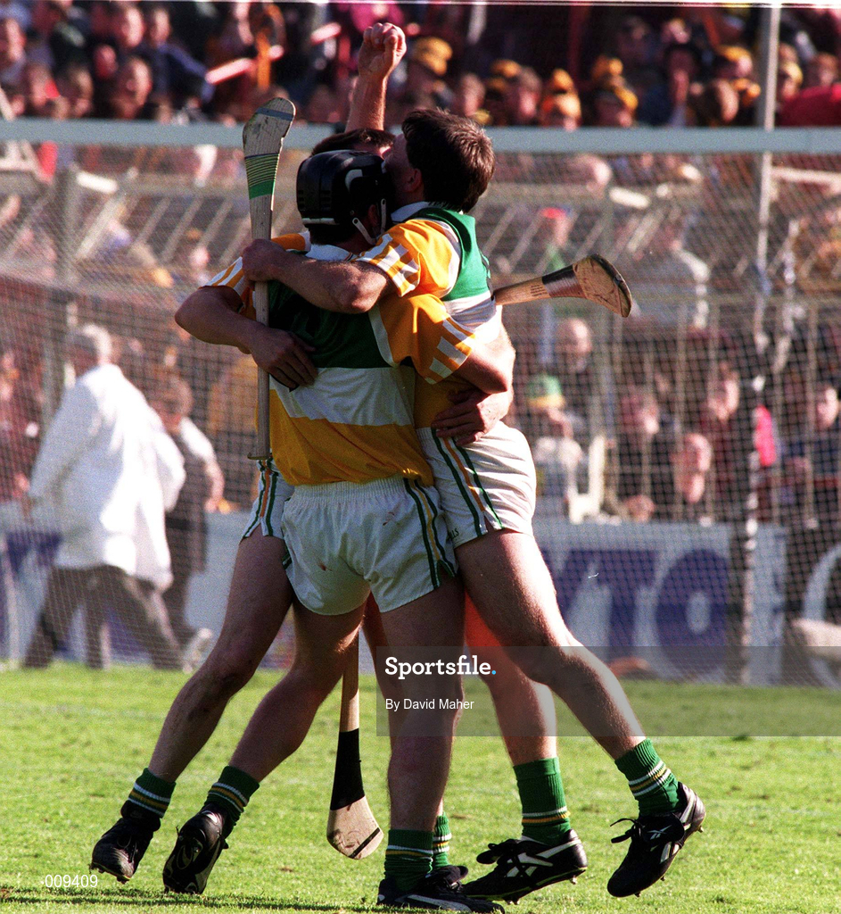13 September 1998; Offaly players Hubert Rigney, Johnny Pilkington and Martin Hanamy celebrate after the Guinness All-Ireland Senior Hurling Championship Final match between Kilkenny and Offaly at Croke Park in Dublin. Photo by David Maher/Sportsfile