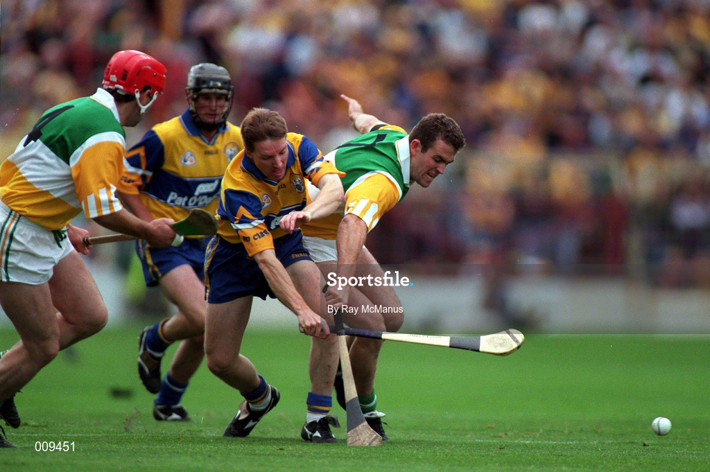 22 August 1998; Kevin Martin of Offaly in action against Jamesie O'Connor of Clare during the Guinness All-Ireland Hurling All-Ireland Senior Championship Semi-Final Replay match between Clare and Offaly at Croke Park in Dublin. Photo by Ray McManus/Sportsfile