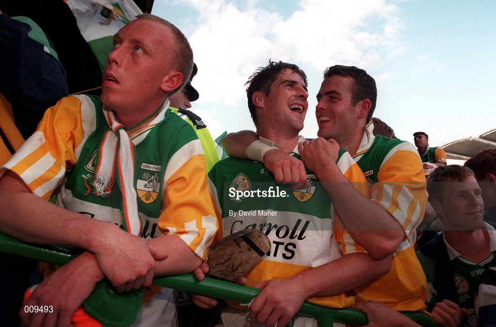 13 September 1998; Offaly players, from left, John Troy, Kevin Martin and Michael Duignan celebrate after the Guinness All-Ireland Senior Hurling Championship Final match between Kilkenny and Offaly at Croke Park in Dublin. Photo by David Maher/Sportsfile