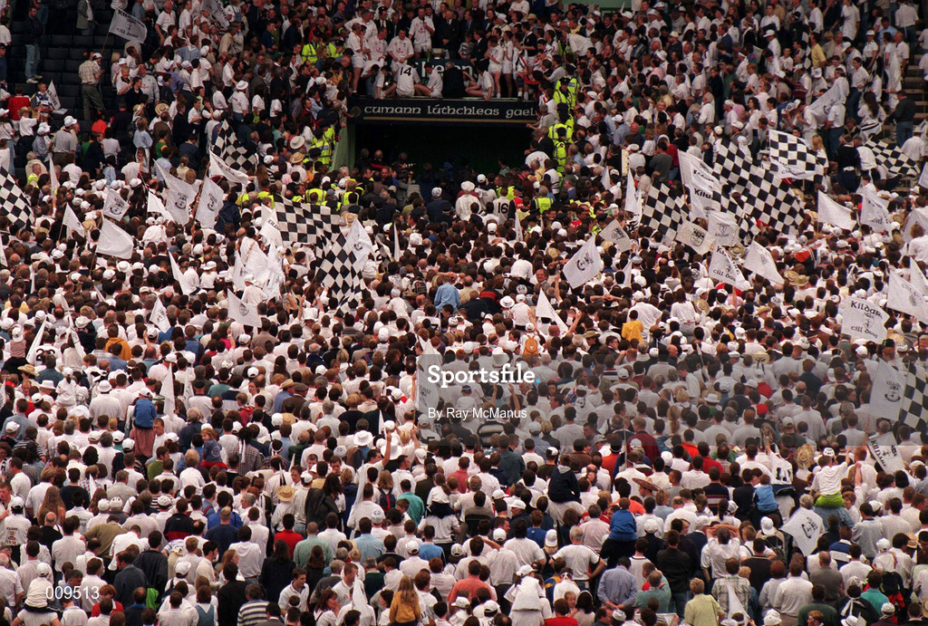 2 August 1998; Kildare fans celebrate on the pitch as Kildare captain Glenn Ryan makes his speech after the Bank of Ireland Leinster Senior Football Championship Final match between Kildare and Meath at Croke Park in Dublin. Photo by Ray McManus/Sportsfile