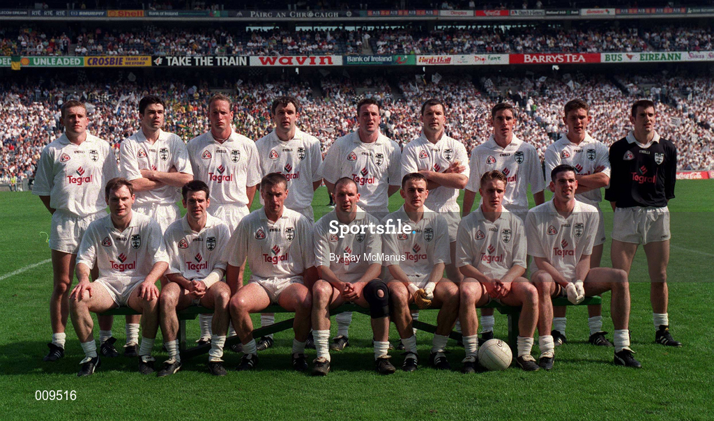 30 August 1998; The Kildare football team; back row, from left, John Finn, Martin Lynch, Willie McCreery, Martin Lynch, Niall Buckley, Ronan Quinn, Anthony Rainbow, Padraic Graven, and Christy Byrne. Front row; Declan Kerrigan, Ken Doyle, Séamus Dowling, Glenn Ryan, Brian Lacey, Eddie McCormack, and Dermot Earley before the Bank of Ireland All-Ireland Senior Football Championship Semi-Final match between Kerry and Kildare at Croke Park in Dublin. Photo by Ray McManus/Sportsfile