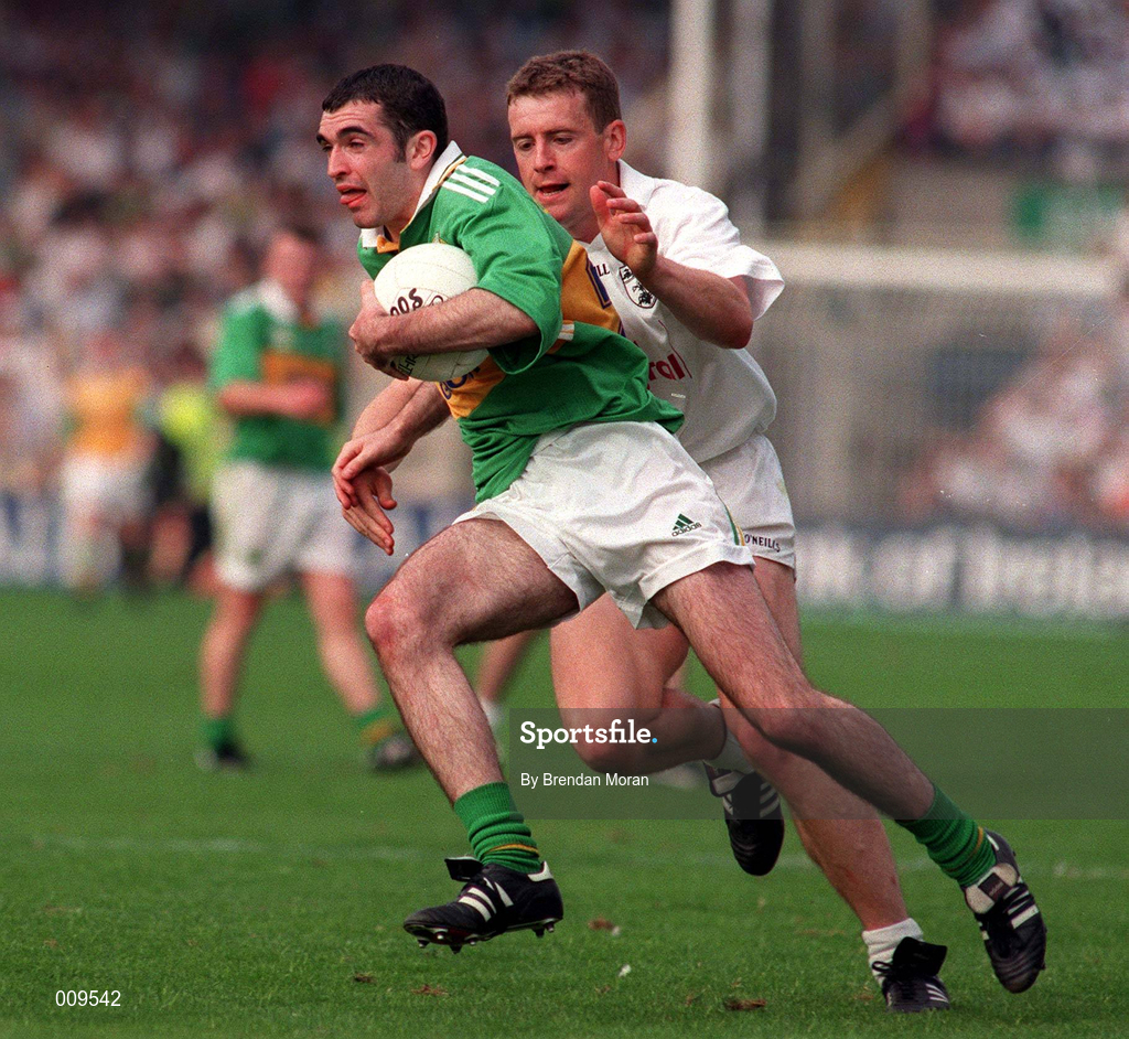 30 August 1998; Liam Brosnan of Kerry is tackled by John Finn of Kildare during the Bank of Ireland All-Ireland Senior Football Championship Semi-Final match between Kerry and Kildare at Croke Park in Dublin. Photo by Brendan Moran/Sportsfile