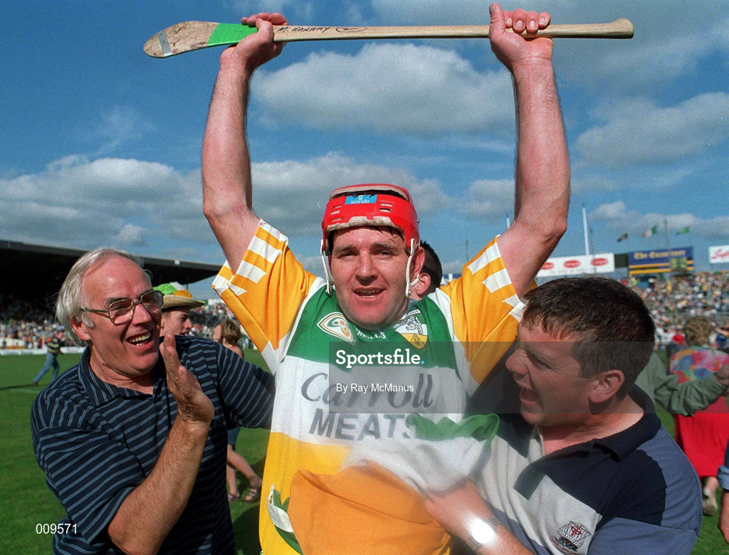 29 August 1998; Offaly's Martin Hanamy celebrates with supporters after the Guinness All-Ireland Senior Hurling Championship Semi-Final Refixture match between Clare and Offaly at Semple Stadium in Thurles, Tipperary. Photo by Ray McManus/Sportsfile