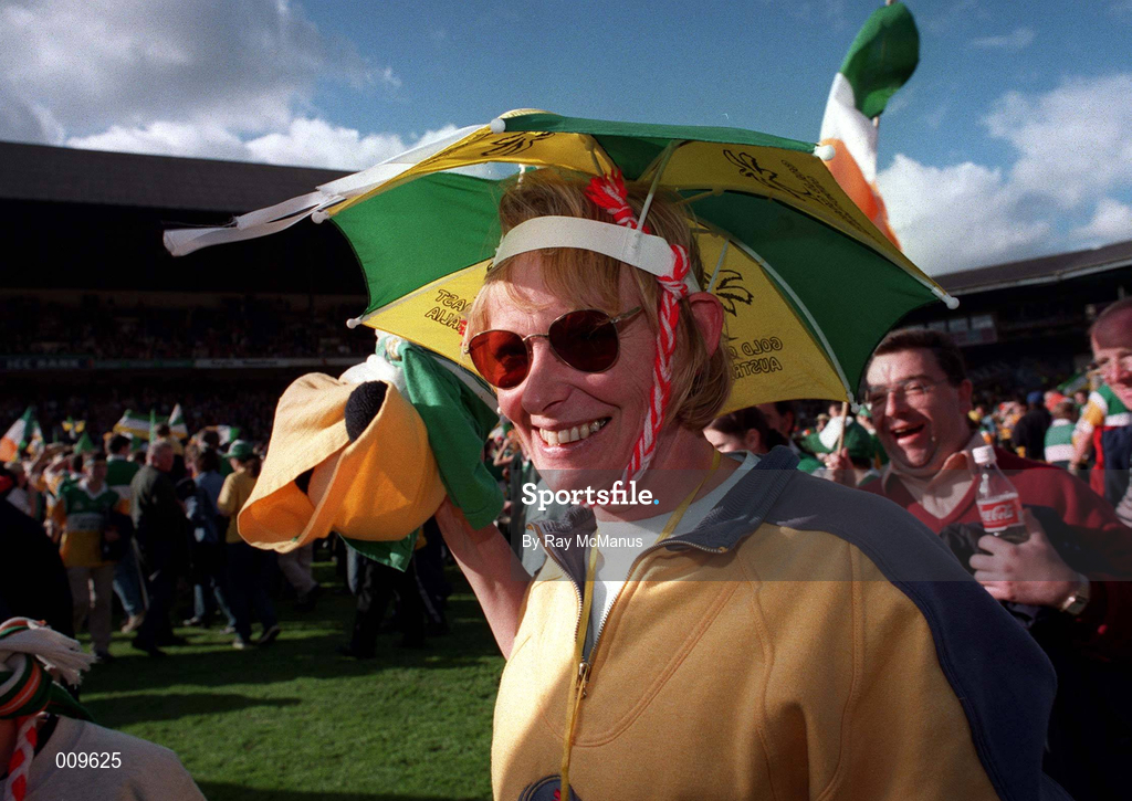13 September 1998; An Offaly Fan celebrates after the Guinness All-Ireland Senior Hurling Championship Final match between Kilkenny and Offaly at Croke Park in Dublin. Photo by Ray McManus/Sportsfile