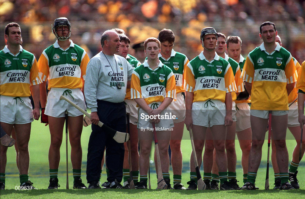 13 September 1998; Offaly Manager Michael Bond stands for the National Anthem with his players before the Guinness All-Ireland Senior Hurling Championship Final match between Kilkenny and Offaly at Croke Park in Dublin. Photo by Ray McManus/Sportsfile
