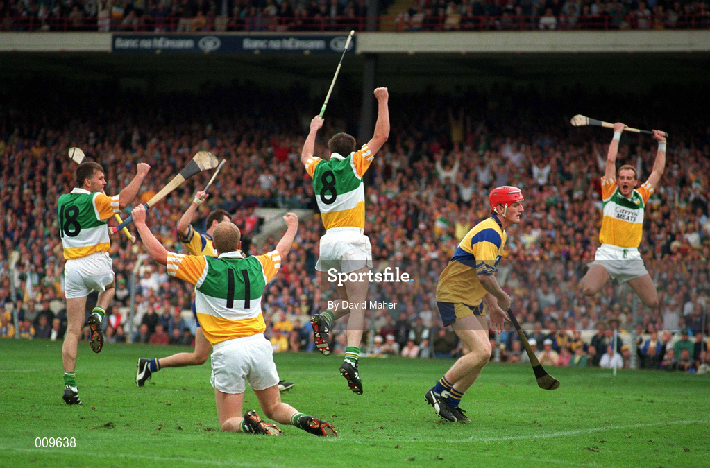 3 September 1995; Offaly players, from left, Declan Pilkington, John Troy, Johnny Pilkington and Joe Dooley celebrate Johnny Pilkington's goal, as Brian Lohan of Clare looks on during the Guinness All-Ireland Senior Hurling Championship Final match between Clare and Offaly at Croke Park in Dublin. Photo by David Maher/Sportsfile