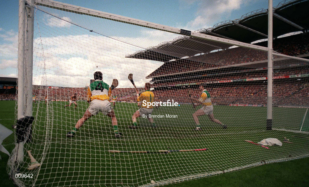 13 September 1998; Offaly goalkeeper Stephen Byrne and team-mates Martin Hanamy, left, and Brian Whelahan watch as DJ Carey's hits his penalty shot over the bar during the Guinness All-Ireland Senior Hurling Championship Final match between Kilkenny and Offaly at Croke Park in Dublin. Photo by Brendan Moran/Sportsfile