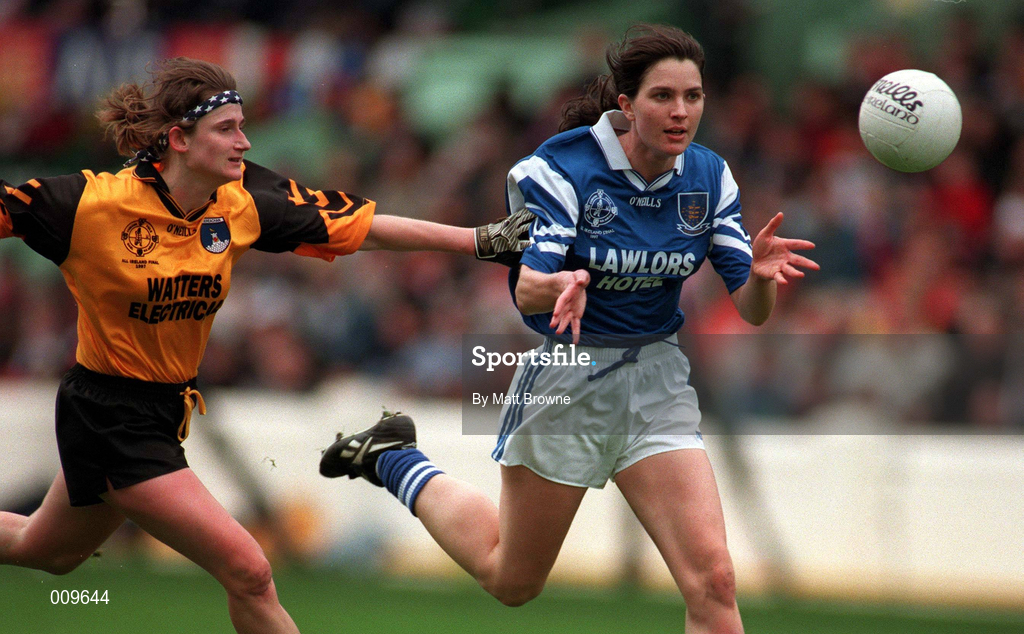 12 October 1997; Olivia Condon of Waterford in action against Linda Farrelly of Monaghan during the All-Ireland Senior Ladies Football Championship Final between Monaghan and Waterford at Croke Park in Dublin. Photo by Matt Browne/Sportsfile