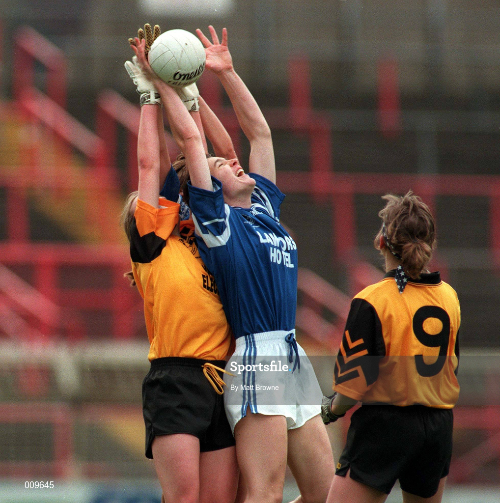 12 October 1997; Olivia Condon of Waterford in action against Cathriona Brady of Monaghan during the All-Ireland Senior Ladies Football Championship Final between Monaghan and Waterford at Croke Park in Dublin. Photo by Matt Browne/Sportsfile