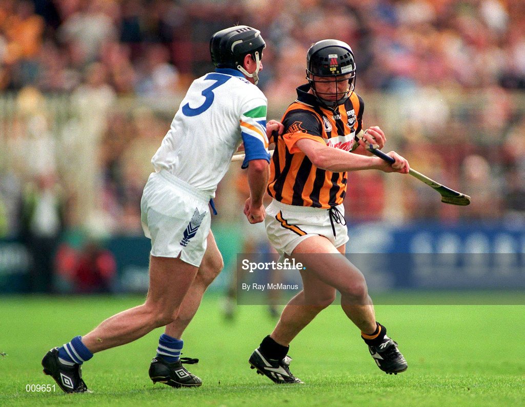 16 August 1998; PJ Delaney of Kilkenny in action against Seán Cullinane of Waterford during the Guinness All-Ireland Senior Hurling Championship Semi-Final match between Kilkenny and Waterford at Croke Park in Dublin. Photo by Ray McManus/Sportsfile