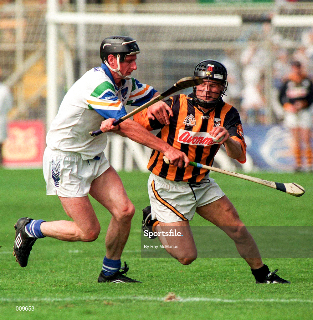 16 August 1998; PJ Delaney of Kilkenny in action against Seán Cullinane of Waterford during the Guinness All-Ireland Senior Hurling Championship Semi-Final match between Kilkenny and Waterford at Croke Park in Dublin. Photo by Ray McManus/Sportsfile