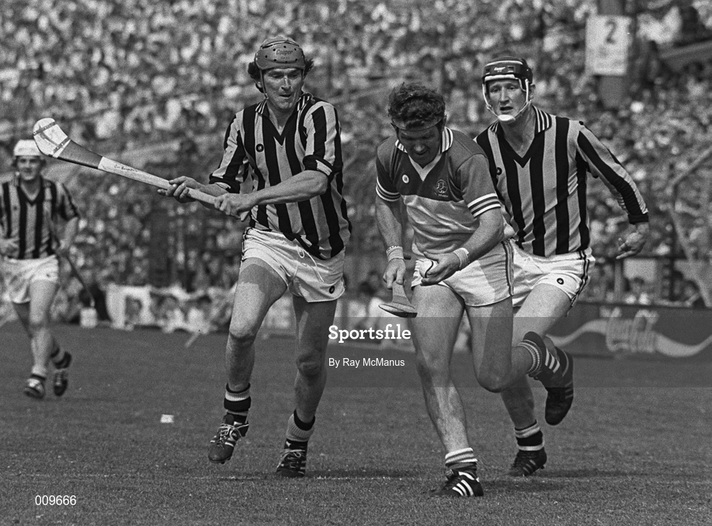 25 July 1982; Padraig Horan of Offaly in action against John Henderson, left, and Brian Cody of Kilkenny during the Leinster Senior Hurling Championship Final match between Kilkenny and Offaly at Croke Park in Dublin. Photo by Ray McManus/Sportsfile