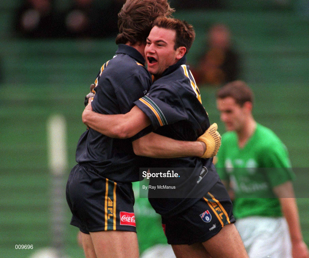 11 October 1998; Nathan Eagleton of Australia, right, celebrates scoring a goal with team-mate Jim Stynes during the International Rules Series First Test match between Ireland and Australia at Croke Park in Dublin. Photo by Ray McManus/Sportsfile
