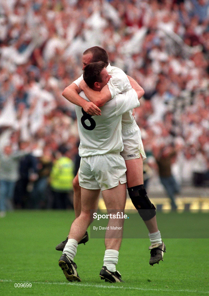 2 August 1998; Kildare's Glenn Ryan and Niall Buckley, 8, celebrate after the Bank of Ireland Leinster Senior Football Championship Final match between Kildare and Meath at Croke Park in Dublin. Photo by David Maher/Sportsfile