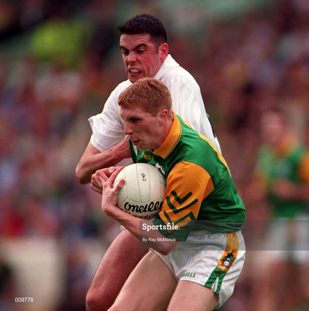 2 August 1998; Raymond Magee of Meath in action against Dermot Earley of Kildare during the Bank of Ireland Leinster Senior Football Championship Final match between Kildare and Meath at Croke Park in Dublin. Photo by Ray McManus/Sportsfile