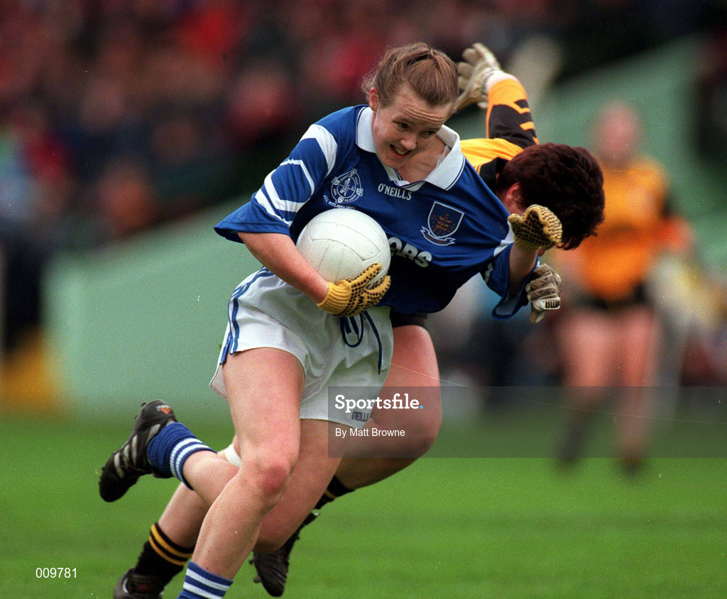 12 October 1997; Rebecca Hallahan of Waterford in action against Audrey O'Reilly of Monaghan during the All-Ireland Senior Ladies Football Championship Final between Monaghan and Waterford at Croke Park in Dublin. Photo by Matt Browne/Sportsfile