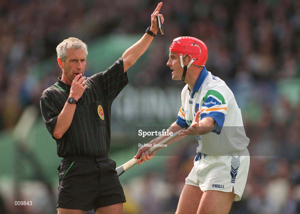 16 August 1998; Referee Pat O'Connor with Stephen Frampton of Waterford during the Guinness All-Ireland Senior Hurling Championship Semi-Final match between Kilkenny and Waterford at Croke Park in Dublin. Photo by Matt Browne/SPORTSFILE