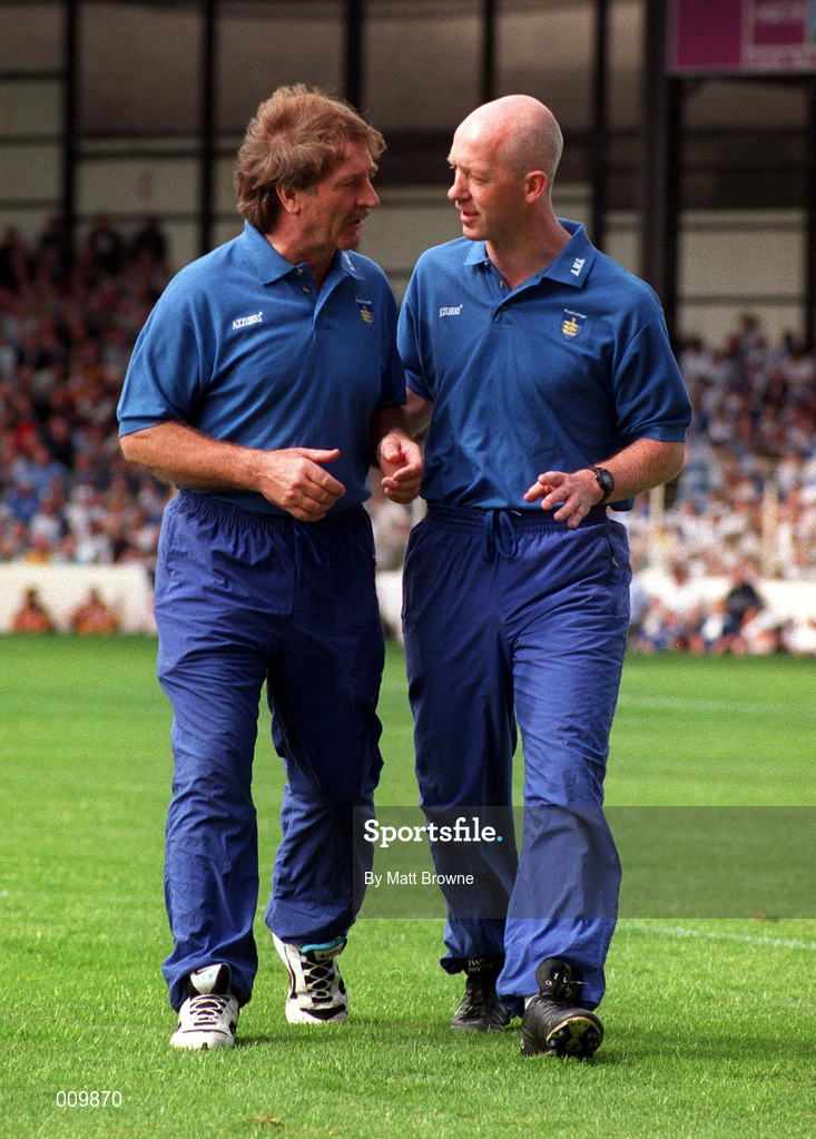 16 August 1998; Waterford manager Gerald McCarthy, left, in discussion with his coach Shane Aherne during the Guinness All-Ireland Senior Hurling Championship Semi-Final match between Kilkenny and Waterford at Croke Park in Dublin. Photo by Matt Browne/Sportsfile