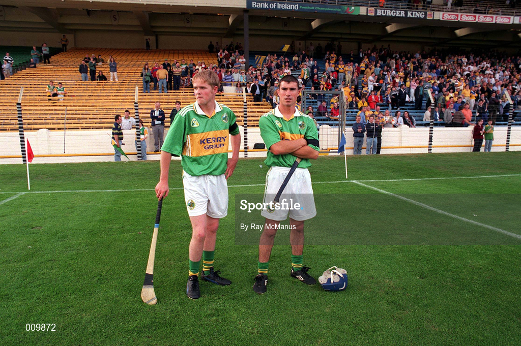 22 August 1998; Kerry players Shane Harty, left, and team captain Conor Flaherty before the All Ireland Under-21 'B' hurling Final match between Kerry and Kildare at Croke Park in Dublin. The game was postponed due to a protest on the pitch by Offaly supporters due to the amount of time played in their Guinness All-Ireland Senior Hurling Championship Semi-Final defeat to Clare in the previous game. Photo by Ray McManus/Sportsfile