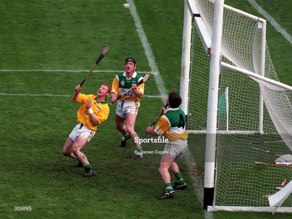 13 September 1998; Offaly goalkeeper Stephen Byrne and team-mates Martin Hanamy, 4, and Brian Whelahan watch as DJ Carey's hits his penalty shot over the bar during the Guinness All-Ireland Senior Hurling Championship Final match between Kilkenny and Offaly at Croke Park in Dublin. Photo by Damien Eagers/Sportsfile