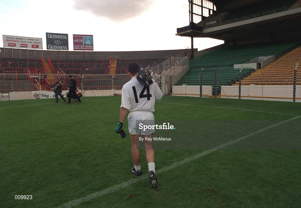 22 August 1998; Kildare captain Tony Spain leaves the pitch after the All Ireland Under-21 'B' hurling Final match between Kerry and Kildare at Croke Park in Dublin was postponed due to a protest on the pitch by Offaly supporters due to the amount of time played in their Guinness All-Ireland Senior Hurling Championship Semi-Final defeat to Clare in the previous game. Photo by Ray McManus/Sportsfile