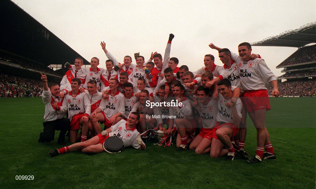 27 September 1998; Tyrone players celebrate after the All-Ireland Minor Football Championship Final between Laois and Tyrone at Croke Park in Dublin. Photo by Matt Browne/Sportsfile