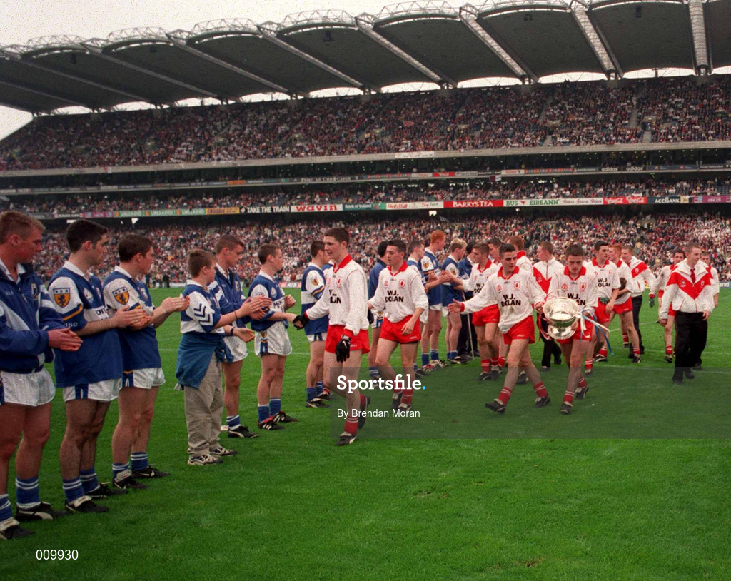 27th September 1998; Laois players applaud the Tyrone players off the field after the All-Ireland Minor Football Championship Final between Laois and Tyrone at Croke Park in Dublin. Photo by Brendan Moran/Sportsfile