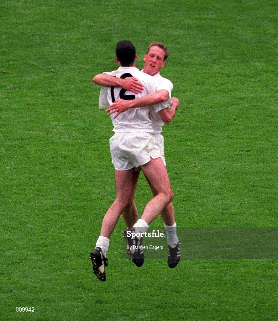 2 August 1998; Kildare players Willie McCreery, behind, and Dermot Earley celebrate after the Bank of Ireland Leinster Senior Football Championship Final match between Kildare and Meath at Croke Park in Dublin. Photo by Damien Eagers/Sportsfile
