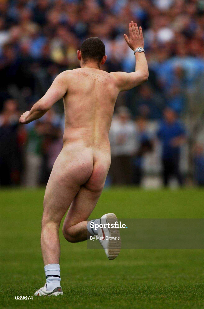 1 June 2002; A streaker waves to the crowd during the Bank of Ireland Leinster Senior Football Championship Quarter-Final match between Wexford and Dublin at Dr. Cullen Park in Carlow. Photo by Matt Browne/Sportsfile