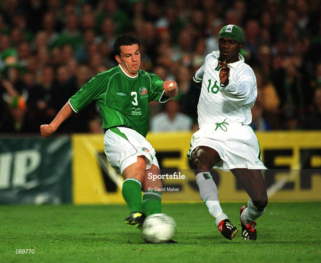 16 May 2002; Ian Harte of Republic of Ireland in action against Efe Sodje of Nigeria during the International Friendly match between Republic of Ireland and Nigeria at Lansdowne Road in Dublin. Photo by David Maher/Sportsfile